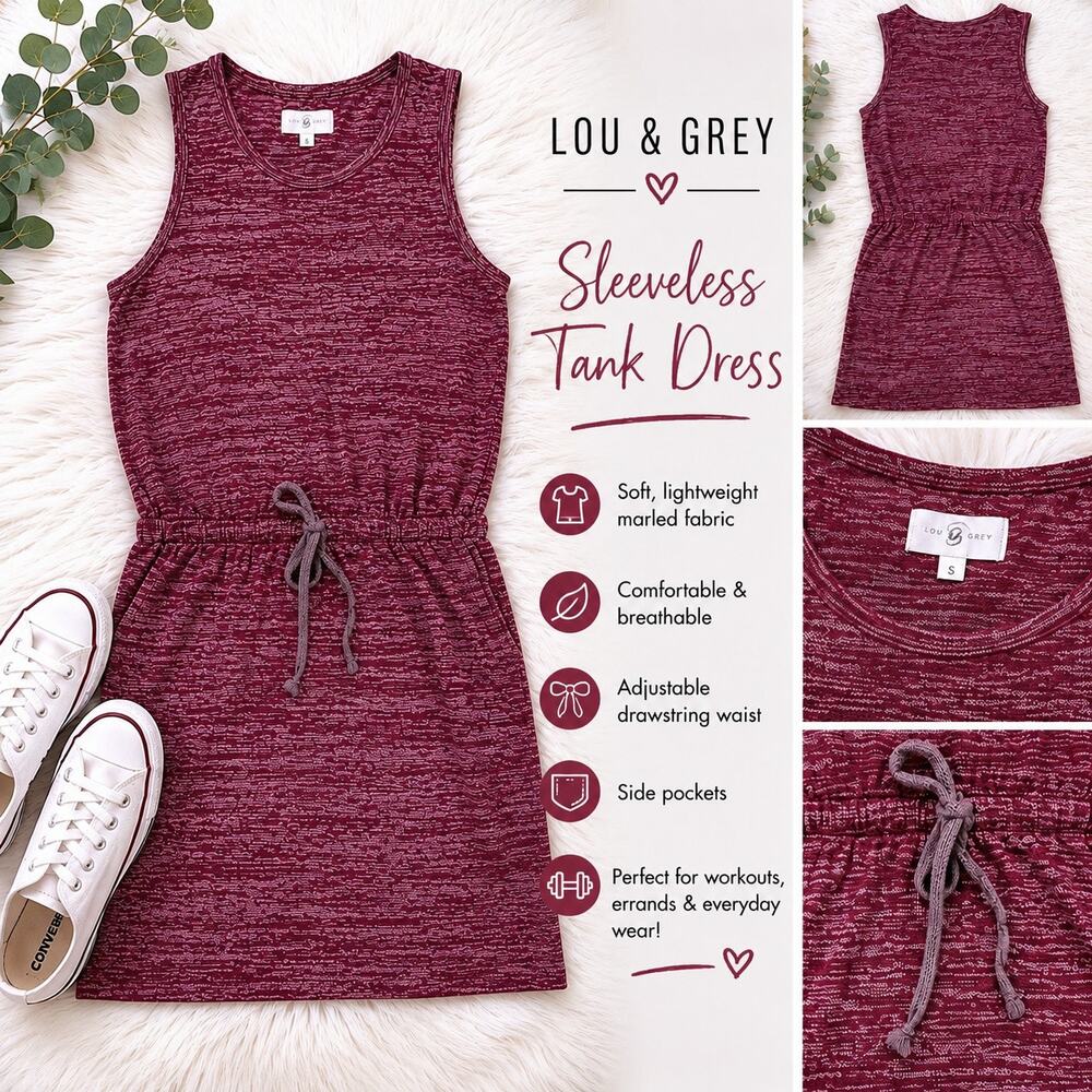 Lou & Grey Marled Burgundy Sleeveless Tank Dress Drawstring Waist Size Small